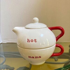 Pottery Barn White Red "Hot Mama" stackable Teapot Set for one